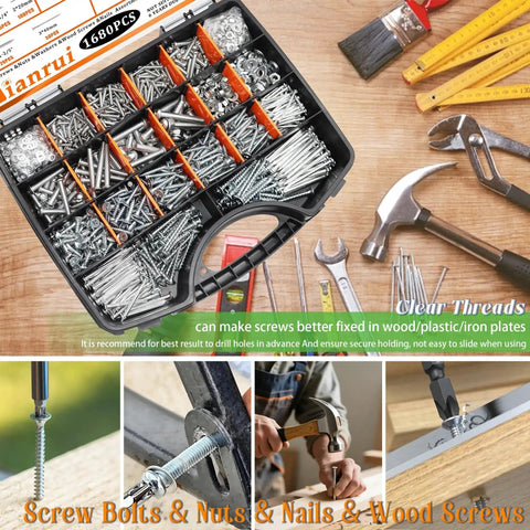 Massive 1680 Piece Nails And Screws Kit With Bolts And Nuts For DIY Home Projects, case with assorted hardware tools