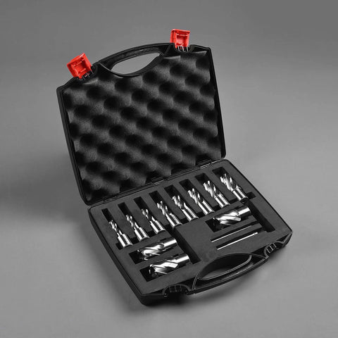 Annular Cutter Set For Magnetic Drill Press 13 Pc Weldon Shank Three Quarter Inch With Cutting Depth One Inch And Diameters From Seven Sixteenths To One And One Sixteenth Inch Made From Tough High Speed Steel HSS Kit With Two Pilot Pins.
