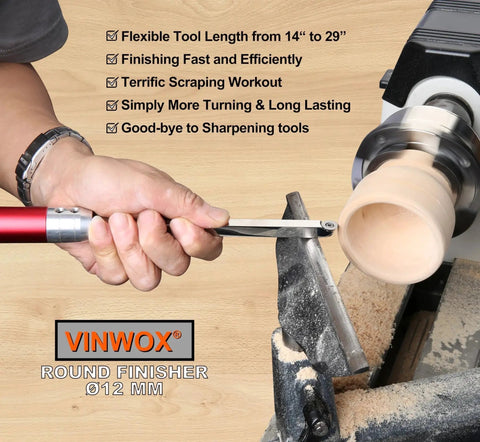 Person using Carbide Wood Lathe Tool Set for Pen Turning with Swan Neck Hollower Rougher Finisher and Detailer Aluminum Handles 14 To 29 Inches Fine Polished Stainless Shank Rotatable Tips No Sharpening Needed From VINWOX on wood lathe