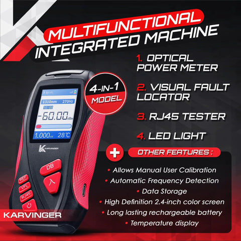 Karvinger 4-in-1 optical power meter handheld fiber tester with VFL, RJ45 and LED light; black body with red grip