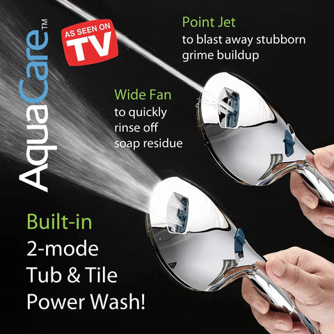 High Pressure 8-Mode Hand Shower With Anti-Clog Nozzles and 6ft Stainless Hose in use, showing point jet and wide fan spray modes