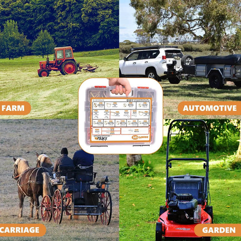 270 Piece Heavy Duty Hitch Pin Clip Assortment Kit For Tractors Trailers Trucks And Attachments Linch Pins Cotter Pins R Clips Hair Pins For Farm Mowers Lawn Care And Garden Use in various settings: farm, automotive, carriage, and garden.