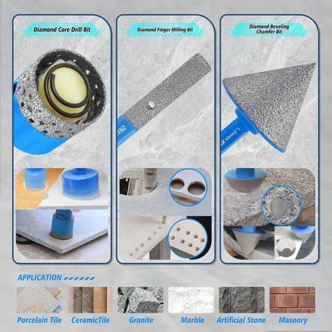 Diamond Tile Hole Saw Kit For Porcelain And Ceramic Tiles 12pc including core drill bit, milling bit, and chamfer bit with applications.