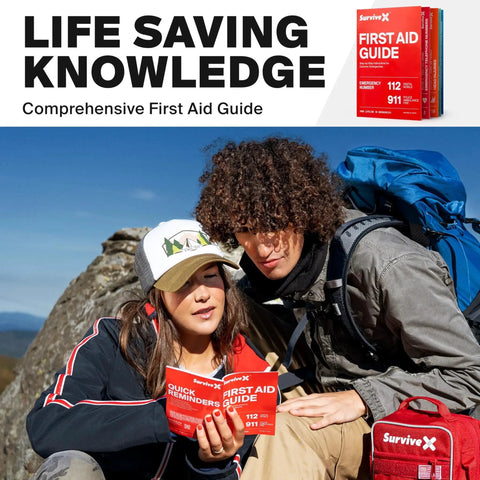 Couple using Compact First Aid Kit For Car, Travel And Home with Zip Stitch Wound Closure Strips during a mountain hike