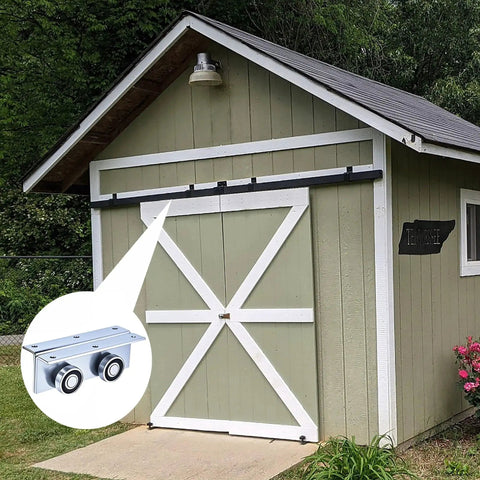 Heavy Duty 4 Wheel Unistrut Trolley Assembly For Barn And Shed Sliding Doors, installed on a barn, showing close-up of the trolley