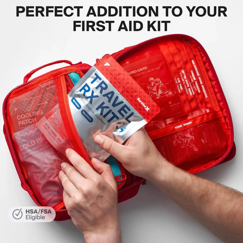 Red On The Go Travel Medicine Kit With TSA Approved Compact Pack For Travel Camping And Cruises Featuring Individual Over The Counter Medicine Packets
