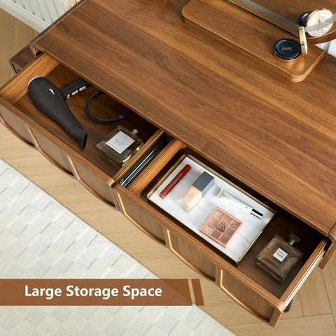 Wave Vanity Desk With Lighted Round Mirror And Modern Walnut Finish showing open drawers and storage compartments for cosmetics