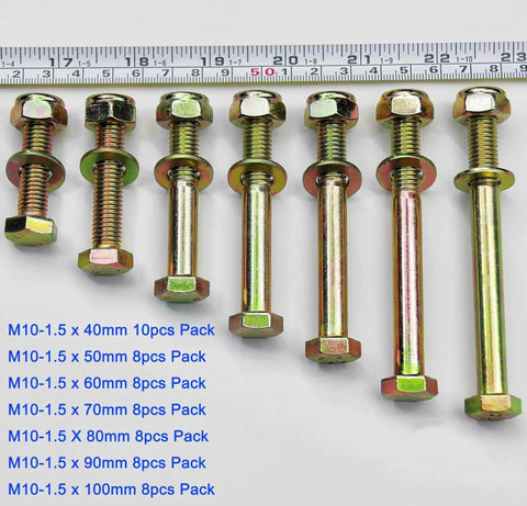 Assortment of M10 x 60mm hex head bolts with nylon lock nuts and flat washers, galvanized alloy steel grade 8.8, in various lengths.