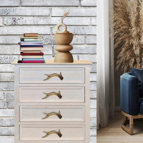 Rustic Faux Antler Cabinet Drawer Pulls Set Of 2 6 Inch Long With Screws Included on white dresser in room with brick wall