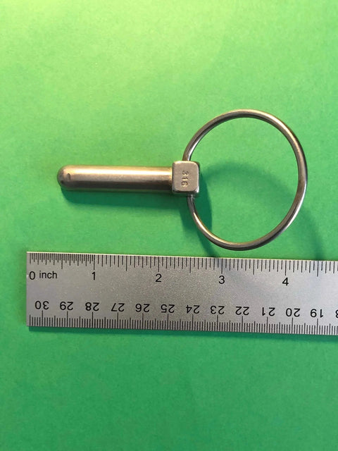Two Pack Marine Grade Stainless Steel 316 Linch Pin Ring Catch 10.6 Millimeter Or Three Eighths Inch next to ruler on green background