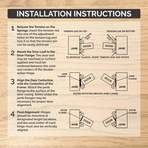 Installation instructions for Adjustable Double Action Spring Hinge For Saloon And Cafe Doors.