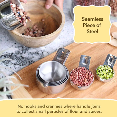 Pro Chef Grade Stainless Steel Measuring Cups And Spoons Set Of 12 With Stackable Long Handles in use with dry beans