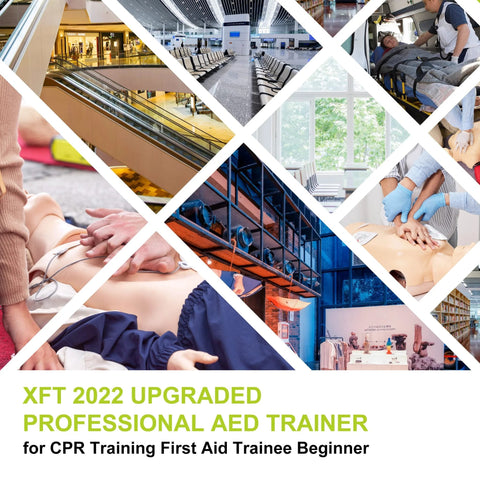 Collage image of Real Time CPR Feedback AED Training Kit use in various scenarios for first aid trainees by XFT.