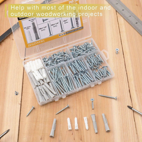High Hardness Wood Screws Assortment Kit With 203 Pieces And 30 M6 Drywall Anchors in plastic case on wooden surface