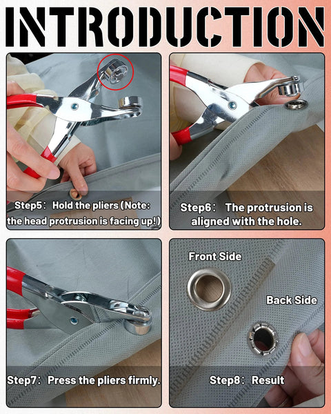 Step-by-step guide using 150 Piece Grommet Tool Kit with One Half Inch Silver Eyelets Leather Hole Punch Pliers on fabric.