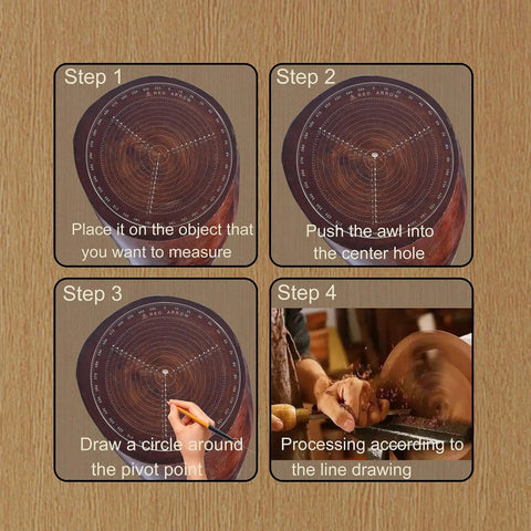 Largest 12 Inch Diameter Center Finder Compass For Woodturners And Lathe Pros Locates Centers On Logs And Stock Pieces, Draw Circles From 10 Mm To 150 Mm Radius On Round And Square Stock shown in four steps on wood background