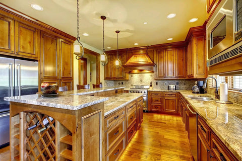 Modern kitchen with wooden cabinets and island stained using Five Color Aniline Wood Dye Kit For Stain Powder Turns Into Five Quarts Of Rich Liquid Wood Stain Eco Friendly And And Highly Vibrant Colors Powerful Dyes For DIY Furniture Cabinets And Flooring By Keda Dyes.