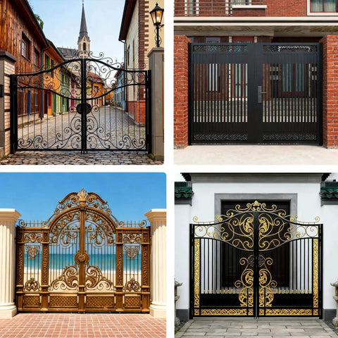Various ornate metal gates mounted outdoors, showing decorative designs and materials for swing or ramp gates, suitable for trailers.