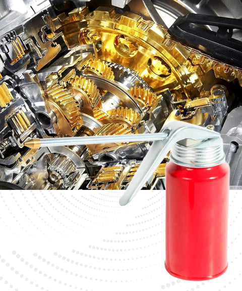 Red metal oil squirt can next to intricate metal gears, Two Pack 200ml Oil Can Sprayer Set With Manual Pump Oiler And Nozzle