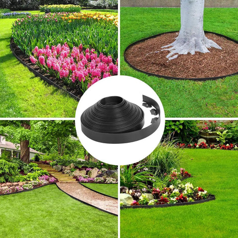 2 Inch Landscape Edging Border Kit with 100 Anchoring Spikes shown in gardens, flexible 66-foot black plastic edging. No digging install.