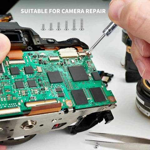 Person using Bulk 500 Pcs Laptop Screws Set In M1.2 M1.4 And M2 for camera circuit board repair
