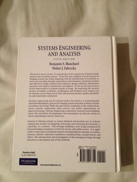Back cover of a white book: Systems Engineering and Analysis, Fifth Edition by Blanchard and Fabrycky; Pearson imprint.
