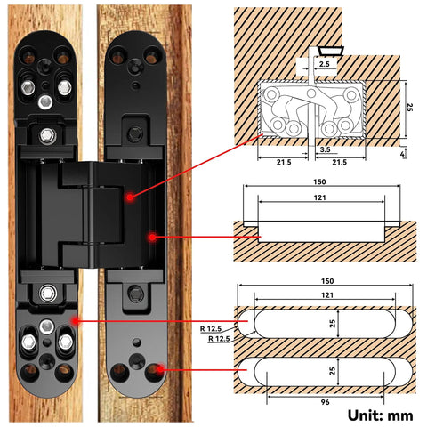 Sleek Hidden Door Hinges Pair 180 Degree Swing Zinc Alloy Concealed Hinge Kit For Solid Doors 176 Lb Load Rating 3 Dim Adjustable