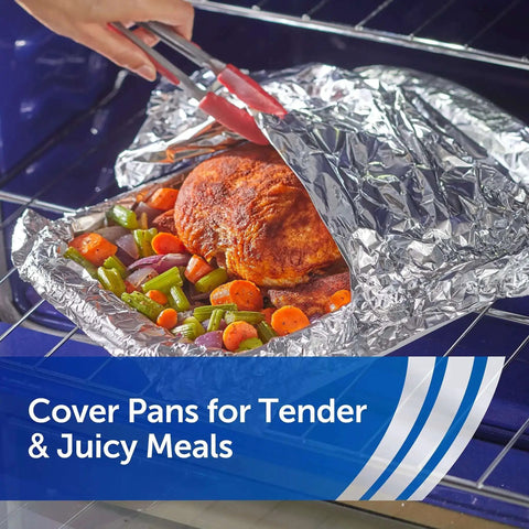 Heavy Duty Aluminum Foil Roll, 12 Inch Wide, 130 Sq Ft, Thick Foil For Grilling, Roasting, And Food Prep covering roasted chicken and vegetables in oven