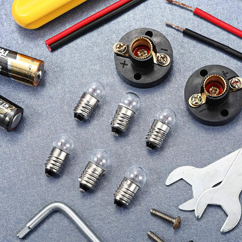30 Piece E10 Mini Bulbs With Black Plastic Socket Holder for DIY projects and student experiments, warm white light tools included.