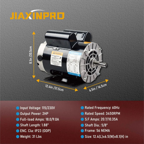 2HP Air Compressor Replacement Motor With 3450 RPM Dual Voltage 115 Or 230V 56 Frame 5 Eighth Inch Keyed Shaft by JIAXINPRO