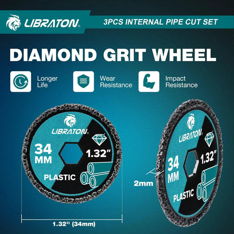 Internal PVC Pipe Cutter Kit With Diamond Grit Cutting Wheel And Deburring Tool for Impact Drivers and Drills shown front and side.