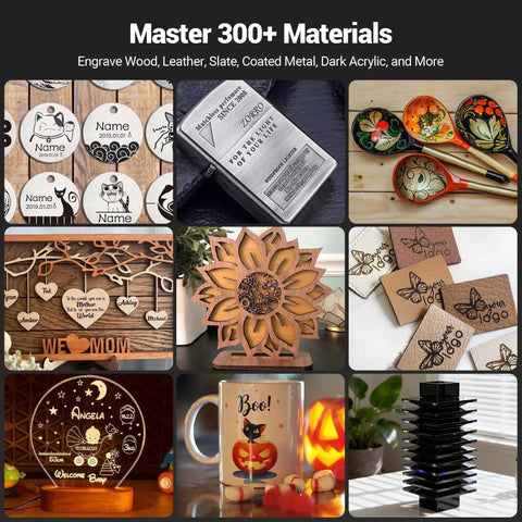 Products engraved with 12W Desktop Laser Engraver for Wood, Leather, Acrylic and more, 300x300mm work area shown.