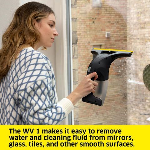 Kärcher WV 1 electric window vacuum squeegee, black body with yellow 10-inch blade, for cleaning glass surfaces.