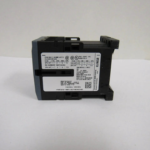 Side view of 3 Pole 9 Amp 120 Volt AC Contactor With One Normally Open Auxiliary Contact Built Tough Industrial Power Relay Model 3RT2016-1AK61