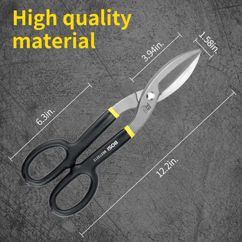 Heavy Duty Tin Snips 12 Inch Straight Cut Metal Shears With Drop Forged Carbon Steel Blade And Comfortable Rubber Dipped Handle