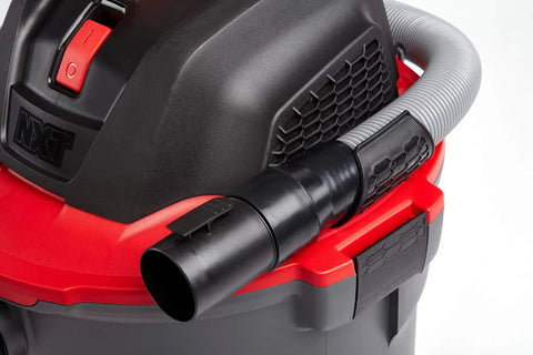 12 Gallon Wet Dry Shop Vacuum Workhorse With 5 Peak HP Motor, Pro Locking Hose, Dark Gray and Red vacuum close-up