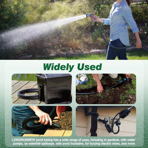 LONGRUNNEW 1-in ID corrugated pond hose, black PVC, 20.6 ft, kinkproof flexible tubing for ponds and water features