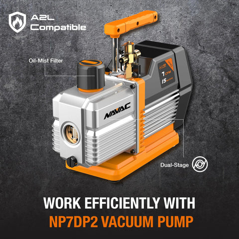 NAVAC NP7DP2 dual-stage HVAC vacuum pump, 7 CFM, orange and silver with oil-mist filter