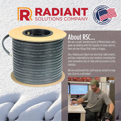 Radiant Solutions Company heat cable spool, black self-regulating gutter and roof de-icing cable, UL listed