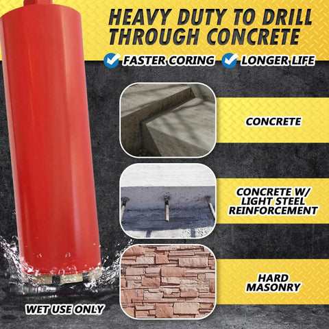 3 Inch Wet Drill Core Bits For Concrete And Hard Masonry With 10mm Segment Height And 14 Inch Drilling Depth One And A Quarter Inch Arbor Heavy Duty Diamond Core For Longer Life And Efficient Wet Drilling Wet Only displayed with examples of concrete use