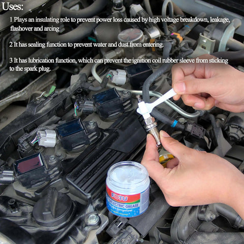 Applying dielectric grease to car spark plug with Dielectric Grease For Electrical Connectors And Battery Terminals, Spark Plugs, And O Ring Seals, Waterproof Silicone Lube For Automotive Use, 4 Oz One Pack, Heavy Duty Insulation And Moisture Protection tub visible in engine bay