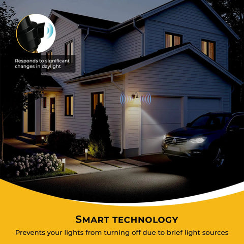 Auto On At Sunset Auto Off At Sunrise Dusk to Dawn Sensor for Indoor and Outdoor Lighting on house exterior at night.