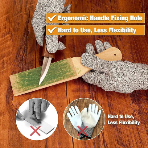 Person using 24 Piece Wood Carving Kit With Easy Storage Bag For Beginners Do It Yourself Whittling Set with leather strop and gloves.