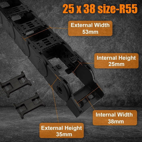 Built To Last Heavy Duty 25 By 38 Mm Inner Height By Width R55 Bridge Type Drag Chain Cable Carrier in black PA66 nylon