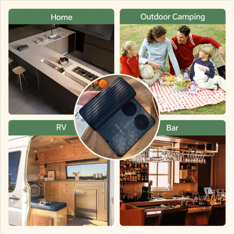 Multifunctional Folding Bar Mat for Home Bars and Travel Silicone Cocktail Prep Mat With Cutting Board Drip Tray And Countertop Protection 18 By 12 Inches Built For Garnishing Mixing And Serving Like A Boss displayed in various settings: kitchen, outdoor picnic, RV, and bar.