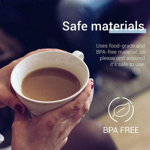 White ceramic coffee cup held by hands with coffee; overlay reads BPA FREE and Safe Materials.