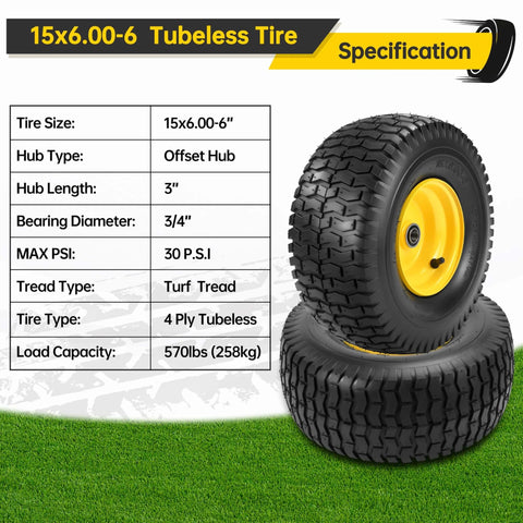 Two Pack 15x6.00-6 Lawn Mower Tire And Wheel Set For Front Replacement On Most 100 And 300 Series Riding Mowers, side view