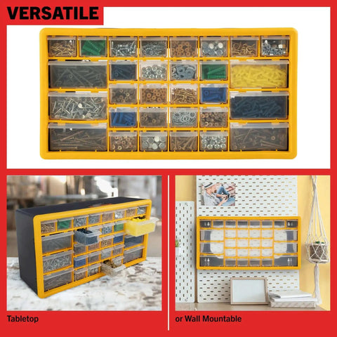 30 Drawer Plastic Small Parts Organizer Yellow Desktop Or Wall Storage For Hardware, Crafts, Garage Or Classroom