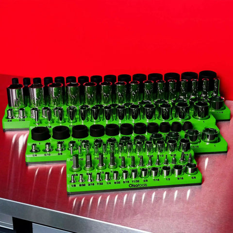Magnetic Socket Organizer For One Quarter, Three Eighths And One Half Inch Drive SAE Sockets, Holds Up To One Hundred Twenty Three Sockets, Green Gearhead Must Have For A Clean, Streamlined Workshop on a metal surface