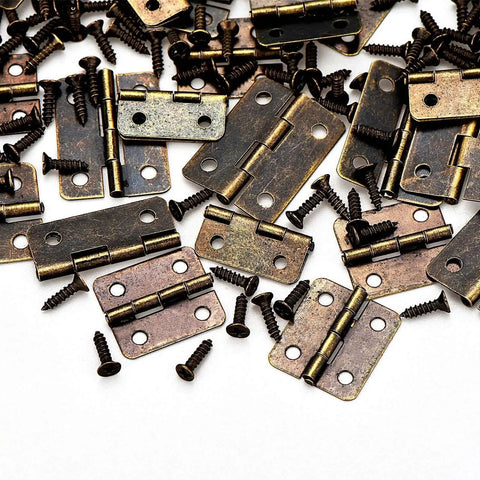 Two Size Bronze Mini Hinge Set With 60 Small Hinges And 300 7 Mm Screws In Clear Storage Box for dollhouse and crafts